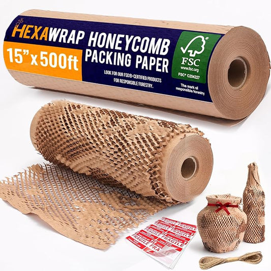 Honeycomb Packing Paper 15" x 500ft with Rope & 20 Fragile Stickers|Shipping & Moving Supplies|Small Business Packaging Supplies|Eco Friendly Bubble Wrap Packing Boxes for Moving Certified FSC C204227