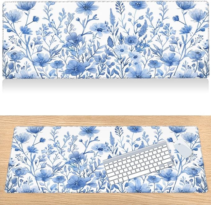 31.5”x11.8”Large Gaming Mouse Pad for Desk, Mouse Mat with Seamed Edges, Waterproof Desk Pad, Non-Slip Rubber Base, Keyboard Pad Computer Mat, Big XL Mousepad- Blue and White Flower