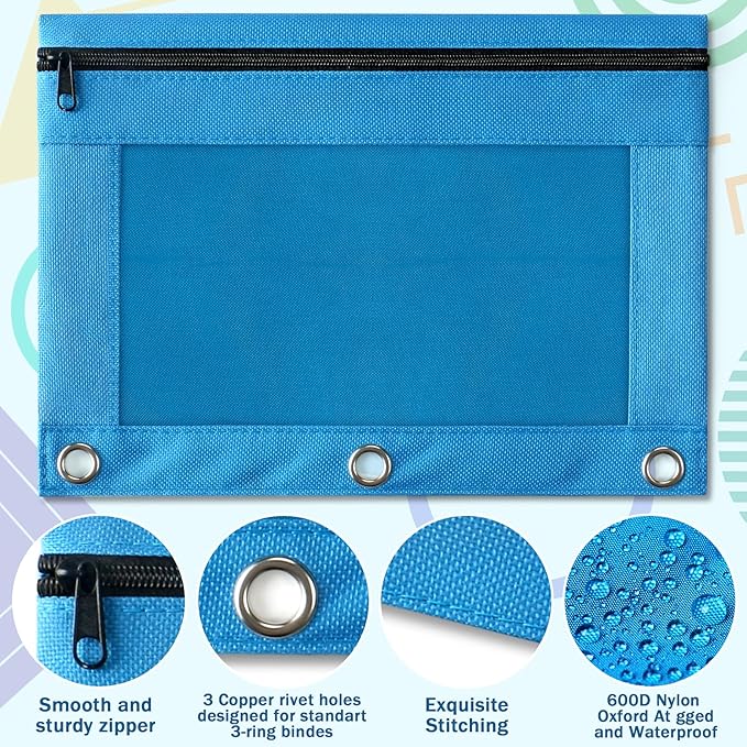 Pencil Pouch for 3 Ring Binder, 96 Pack Pencil Pouches with Zipper & Clear Window - 6 Assorted Color, Pencil Case Bulk for 3-Holes Binder, Multi-Purpose Storage Bag for Office, School Supplies (96)