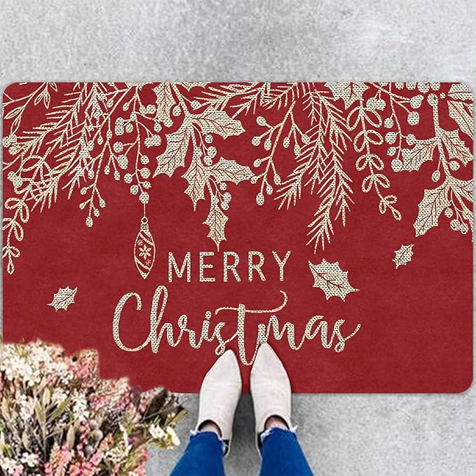 Merry Christmas Mistletoe and Holly Door Mat Front Porch Rugs Doormats Welcome Floor Mats Welcome Rug Outdoor Entry Rug for Home Farmhouse Party Decor, 18" x 30"Inch