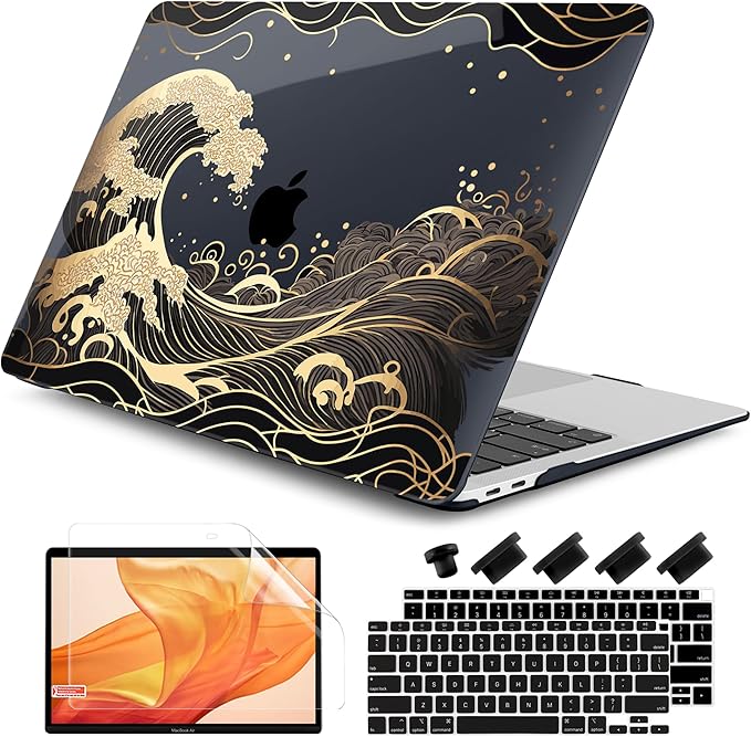DONGKE Compatible with MacBook Air 13 inch Case 2021 2020 2019 2018 Release A2337 M1 A2179 A1932 with Retina Display Touch ID, Plastic Hard Shell & Keyboard Cover - Golden Wave