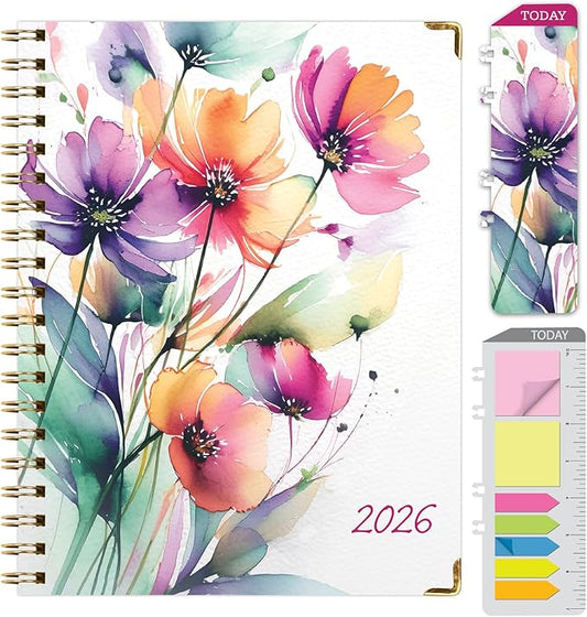 HARDCOVER 2026 Planner, 7"x9": 14 Months (November 2025 - December 2026), Daily Weekly Monthly Planner, Yearly Agenda, Bookmark, Pocket Folder and Sticky Note Set (Rainbow Floral)