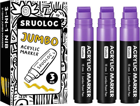 3 Jumbo Permanent Markers Purple, 15mm Thick Wide Tip, Large Acrylic Paint Markers for Rock Painting, Poster, Graffiti, Stone, Ceramic, Glass, Wood, Canvas