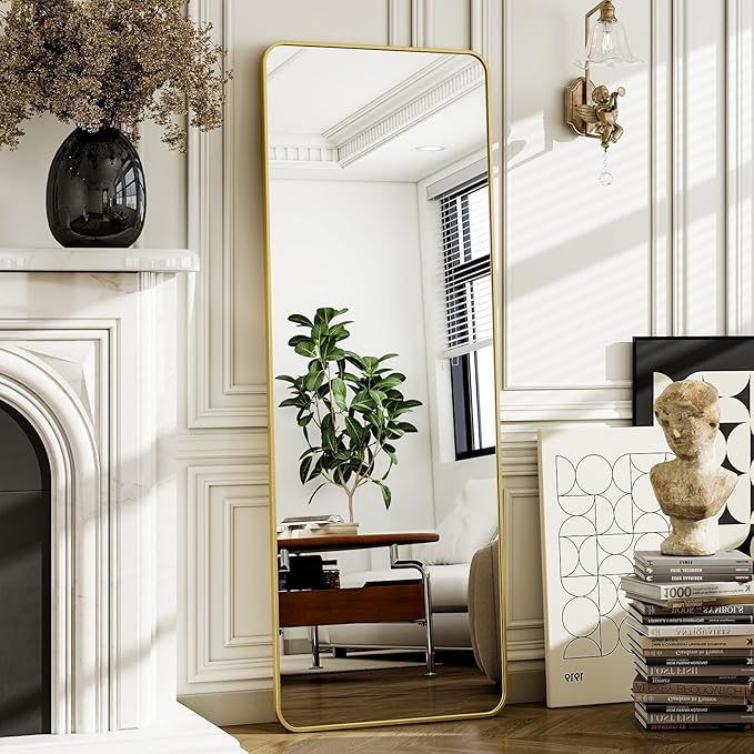 HARRITPURE 56" x 21" Rounded Full Length Mirror Aluminum Frame Gold Mirror Full Length Floor Mirror with Stand for Living Room Bedroom Cloakroom