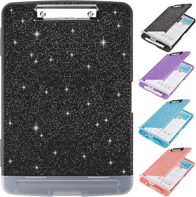 Glitter Clipboard with Storage,Storage Clipboard with Pen Holder,A4 Binder Clip Boards 8.5x11 with Low Profile Clip,Side Opening Sparkle Clipboards, Clipboards Folder for Office Supplies-Starry Black