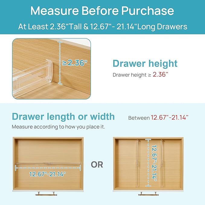 Vtopmart 4 Pack Shallow Drawer Dividers, 2.36" High 12.67"-21.14" Adjustable Expandable Kitchen Drawer Organizer, Clear Plastic Organizer Separators for Flatware, Utensil, Cutlery, Underwear, Clothes