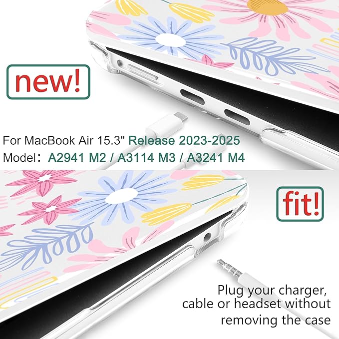 DONGKE Compatible with M4 MacBook Air 15 inch Case 2025 2024 2023 A3241 A3114 A2941 M3 M2 Liquid Retina Display Touch ID, Plastic Hard Case & Keyboard Skin & Screen Protector - Colorful Florals