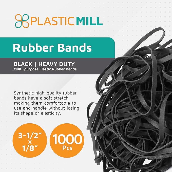 PlasticMill UV Resistant Rubber Bands Size 33 (3 1/2" x 1/8") - EPDM #33 Black Rubber Bands Office Supplies - Strong, Elastic Bands for Crafts, Cash, File Folders (1,000-Pack)