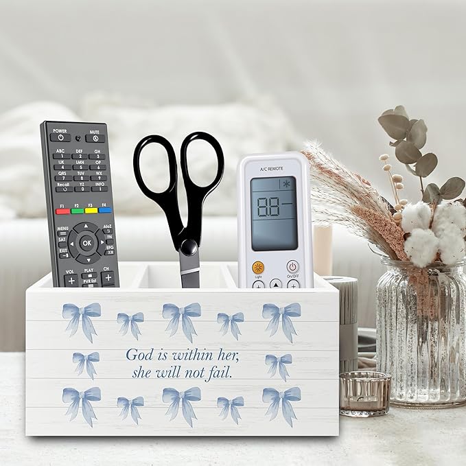 Blue Coquette Bow Christian Pen Pencil Holder Organizer for Desk, Preppy Desk Decor, Christian Gifts for Women, Bible Verse Wooden Box Sign for Girly Room Bedroom Dorm Tabletop Decorations