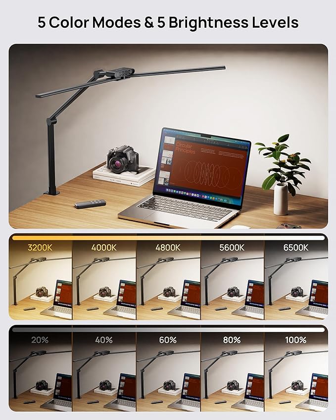 TROND LED Desk Lamp with Clamp, 29.55'' Tall Desk Light with Remote, 1500LM Bright Table Lamp, Swing Arm Clip on Light, Eye-Caring, Touch Control Dimmable for Home Office Monitor Reading Study Task