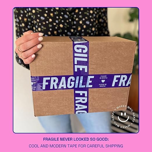 Fragile Packing Tape, Please Be Gentle, Purple Violet Blue Cute Designer Packaging and Shipping Tape for Small Business - Printed Tape for Moving, 1.88" x 110 Yards (330 feet)