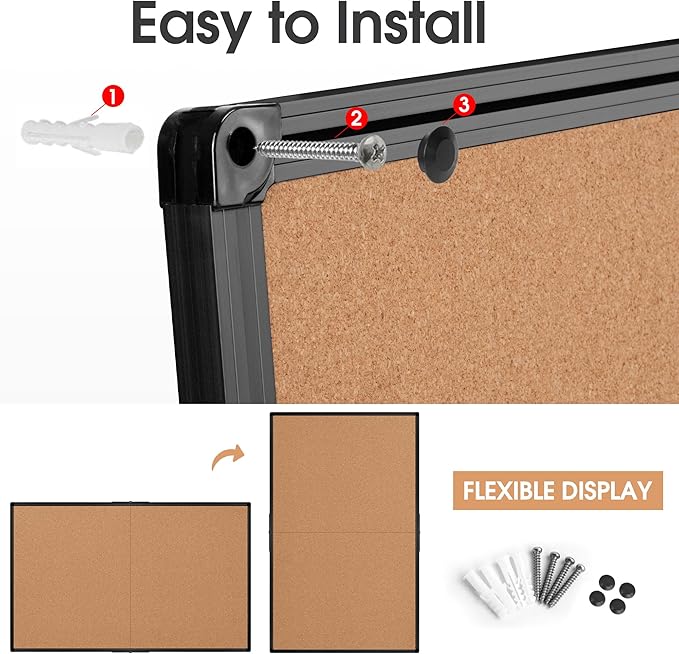Board2by Extra Large Cork Bulletin Board 72" X 48", Foldable Notice Pin Board for Wall, Black Aluminium Framed 6'x4' Corkboard, Wall Mounted Noticeboard with 32 Push Pins for School, Home & Office