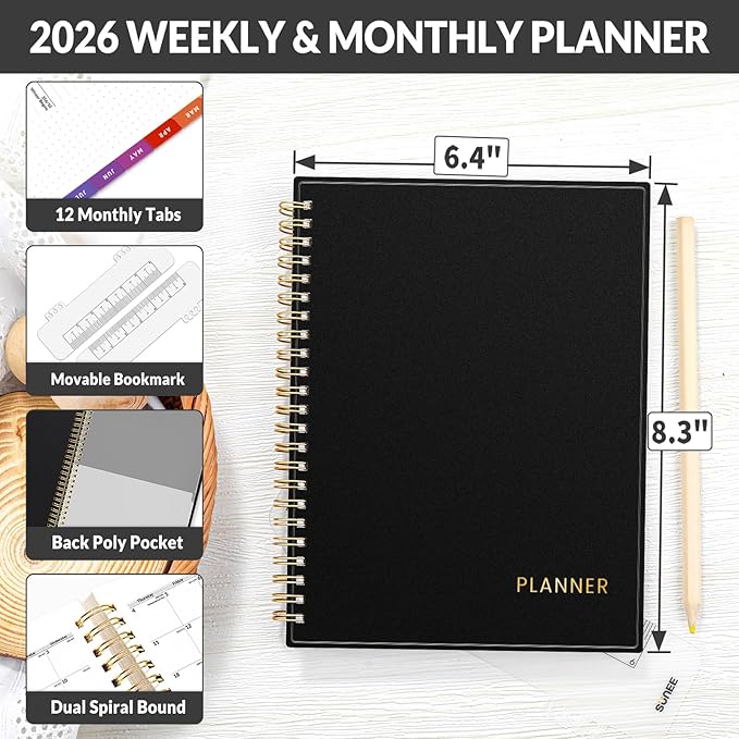SUNEE 2026 Planner - Weekly and Monthly Calendar Planner from January 2026 - December 2026, 6.4" x 8.3" Daily Agenda with Monthly Tab, Flexible Cover, Note Pages, Pockets, Bookmark, Spiral Binding, Black