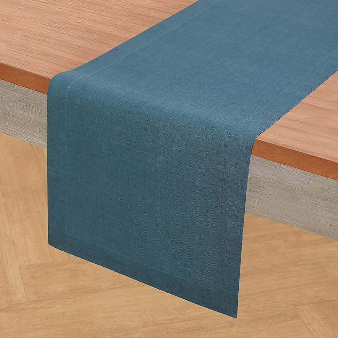 Solino Home Linen Table Runner 120 Inches Long - 100% Pure Linen Peacock Blue Table Runner 14 x 120 Inch - Fete