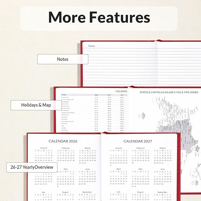 SUNEE 2026 Diary Journal Hardcover - Daily Planner Organizer for Work & School - Daily Page Layout with Holidays, Notes, Contacts - Agenda for Women & Men, Red