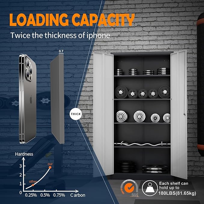 Yizosh Metal Storage Cabinet with 2 Locking Doors and 5 Adjustable Shelves, 72" Garage Storage Cabinet Steel Lockable for Office,Home,Garage