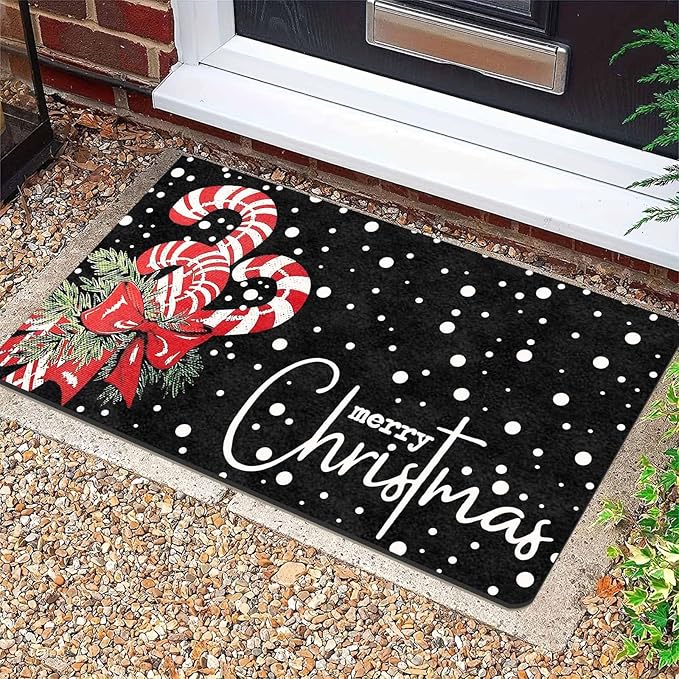 Christmas Door Mat Entrance Decoration Christmas Candy Cane Welcome Mat Black Door Front Porch Rug for Outside Front Porch Entryway Decor, 16" x 24" Inch