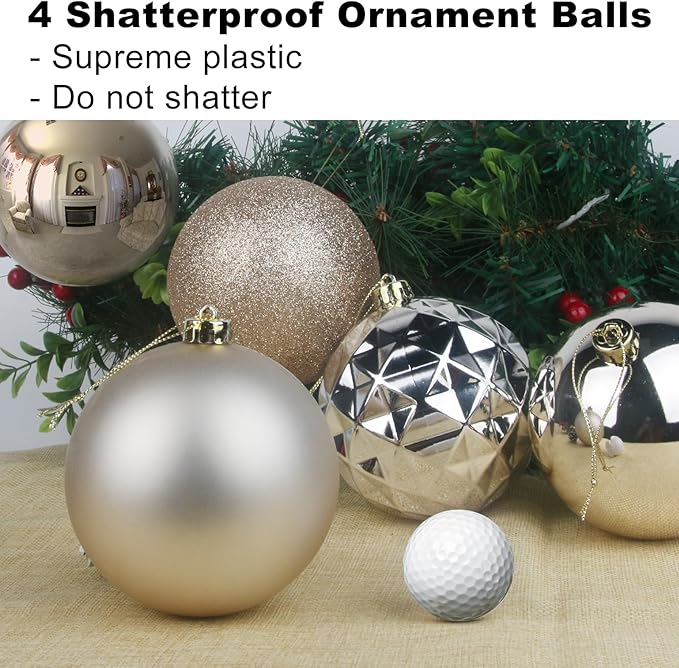 Champagne Gold Set of XL (4.0") 4PCS Christmas Balls - Christmas Tree Decoration Ornaments Shatterproof Hanging Balls for New Year Easter Valentine Holiday Decorations