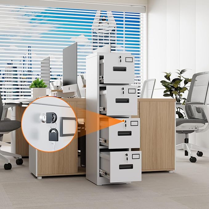 4 Drawer File Cabinet, Metal Vertical Office Filing Cabinet with 4 Drawers, Name Card Holder for A4 Letter/Legal Size, Assembly Required