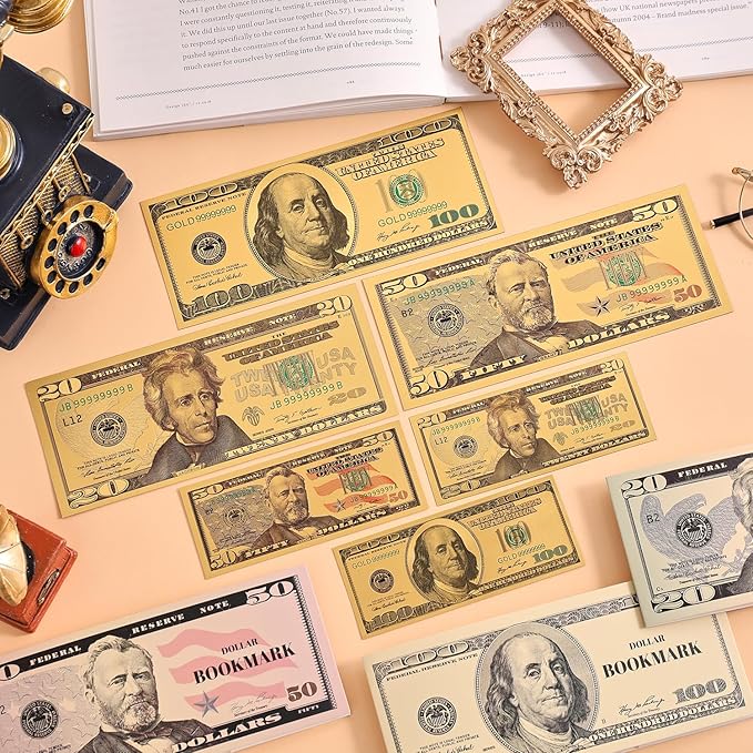 6 PCS Dollar Bill Bookmarks, Cool Waterproof Bookmark, Fancy Book Marks for Book Lovers Reading Women Writers Children, Birthday Gifts for Readers, Reading Accessories, Large & Small Sizes for Books