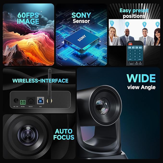 Wireless Conference Room Webcam, Church Live Streaming 20X USB 1080P 60fps PTZ Camera for Worship Services Online Conference, Works with Zoom, Skype OBS Easy to Set Up