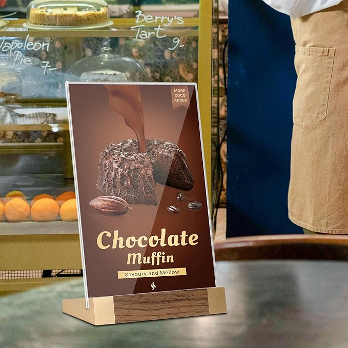 Acrylic Sign Holder 8.5x11 Inch with Wood-Color Base, Tabletop Display Sign Frame Vertical Clear for Store/Coffee Shop/Restaurant Menu Display Hotel/Office Show Exhibitions Holder, 2 Pack L Shape
