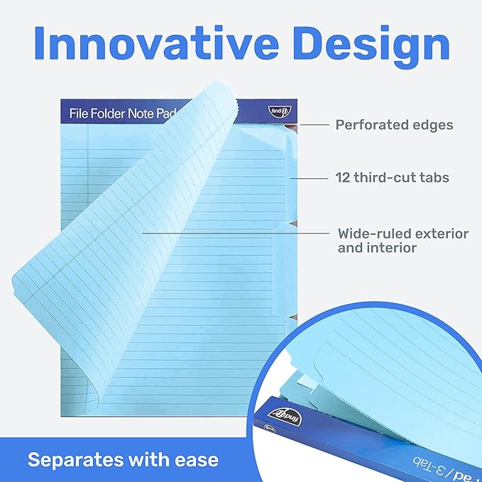 Find It File Folder Notepad - Pack of 12-9.5 x 12.5 Inch Notebook Organizer Folders for Filing, Document, and Clipboard Organization - Blue