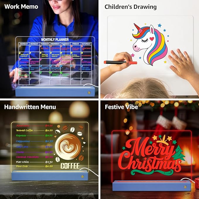 LED Note Board with 8 Colors，Acrylic Dry Erase Board with Light, Clear Monthly/Weekly Calendar, Led Drawing Board for Kids with Stand, 8 Markers, Adapter, Soft Cloth, Holiday Trend Gift (Blue)