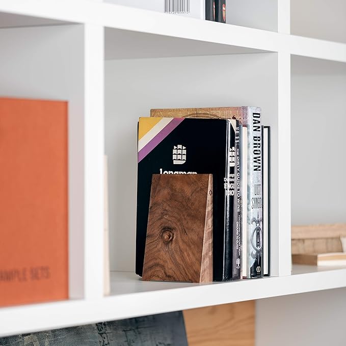 TILISMA Book Ends for Shelves - Handmade Wooden Bookends with Metal Base, Walnut Tree - Sturdy Book Holders for Heavy Books - Fancy Modern Decorative Book Accessories to Hold Books Firmly on Bookshelf