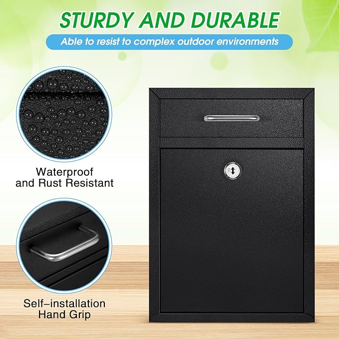 Locking Mailbox with Key for Outdoor 12.2 x 8.5 x 3 Inches Large Wall Mount Mail Box with Lock Security Mail Drop Metal Collection Boxes Hanging Secure Postbox(Black)