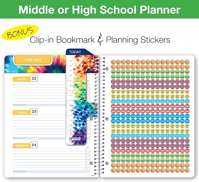 Global Datebooks Dated Middle School or High School Student Planner for Academic Year 2025-2026 Includes Ruler/Bookmark and Planning Stickers (Block Style - 8.5"x11" - Galaxy)