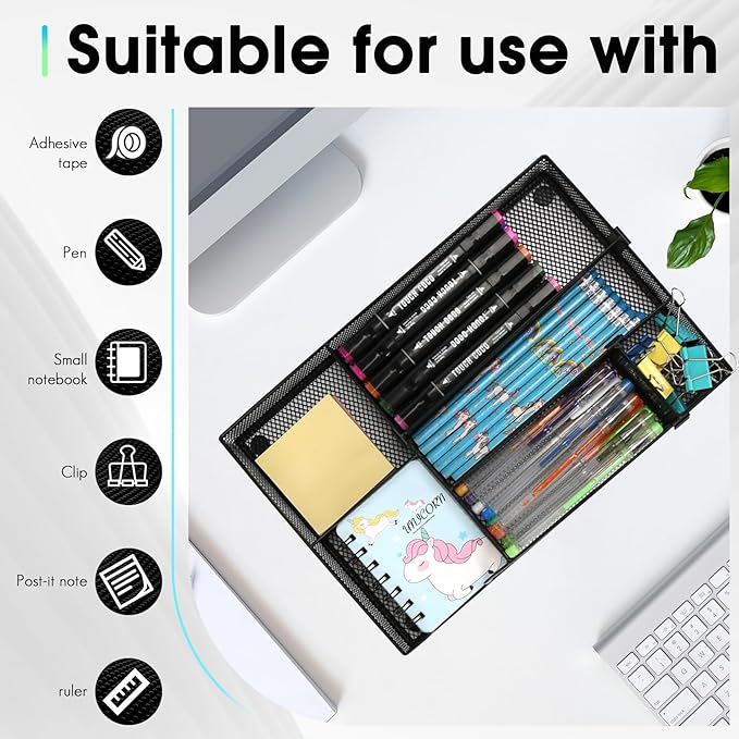 Desk Drawer Organizer Tray, 4 to 6 Grid Drawer Divider with 2 Adjustable Compartments, Metal Mesh Desk Organizer for Stationery Makeup Kitchen Toolroom School &Office, 12.6x8.26x1.57 in, 2 PCS