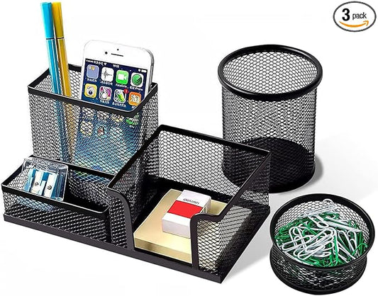 Pen Holder for Desk, Desk Organizers Set-3 Compartments Mesh Pencil Holder with Pencil Pen Cup and Paper Clip holder, Desk Accessories for Marker Craft, Ideal Office School Supplies(3 pack, Black)