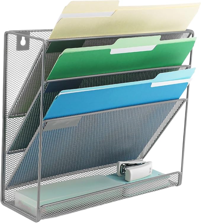 EASEPRES Desk File Organizer Mesh 4-Tier, Hanging Wall Mount Document Organization Stand, Desktop Vertical Mail Paper Folder Holder Rack with Bottom Tray for Office Home Cubicle Countertop, Gray