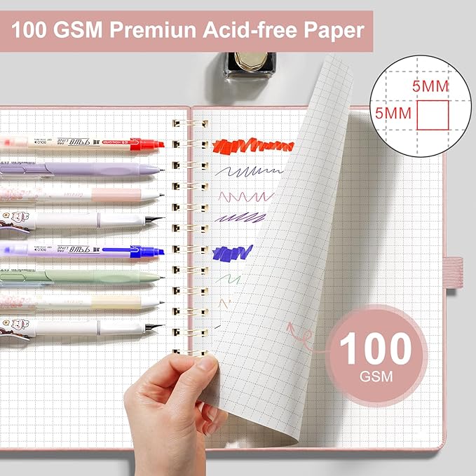 EMSHOI B5 Graph Grid Notebook -140 Pages 100GSM Grid Paper, Vegan Leather Floral Cover with Spiral Binding for Engineering, Bullet Journaling, School & Work - Includes Ruler, Pockets & Stick-Rose Gold