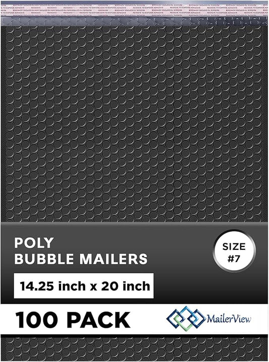 Black Extra Large Poly Bubble Mailers 14.25x20 inch #7 | Self Seal Large Padded Envelopes | Air Cushioned Bubble Mailer | Usable Size 14.25x19 Lightweight Mailing Shipping Bags| 100 Pack Bulk