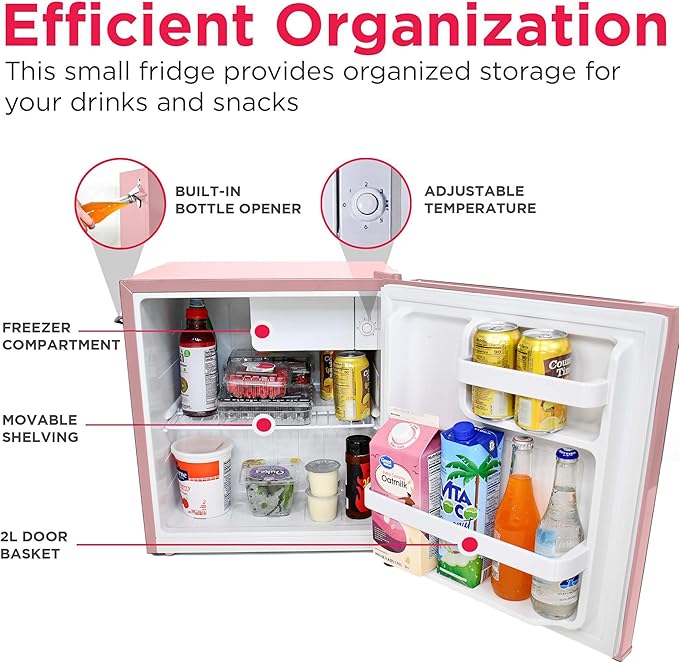 Frigidaire EFR176 Retro Compact Fridge with Chiller Mini Refrigerator with Built-in Bottle Opener for Office, Bedroom, Dorm Room or Cabin, 1.6 cu ft 16" D x 18" W x 18.5" H, Pink