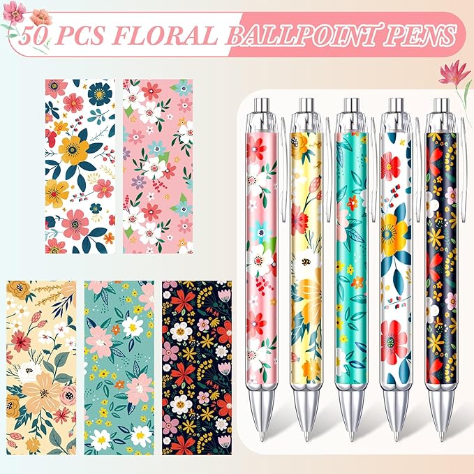Thenshop 50 Pcs Floral Pens Bulk Flower Colorful Floral Flower Theme Gel Ink Ballpoint Pen Appreciation Gifts Party Favors for Friends Employee Office Holiday
