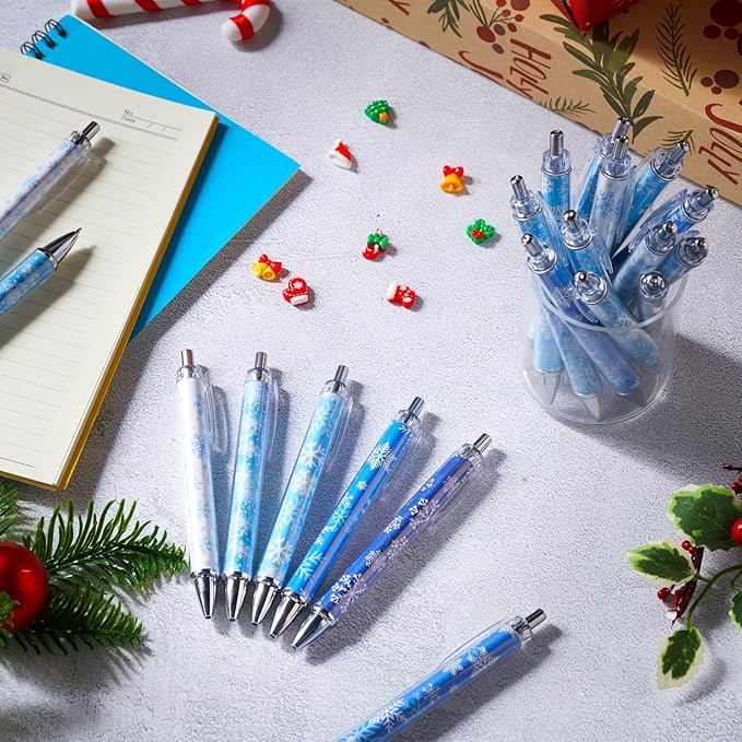 Thenshop 50 Pcs Christmas Pens Bulk Retractable Snowflake Ballpoint Pens Black Ink Winter Xmas Snowflake Pattern Appreciation Christmas Gifts Office Supplies Stationery for Xmas Party Writing