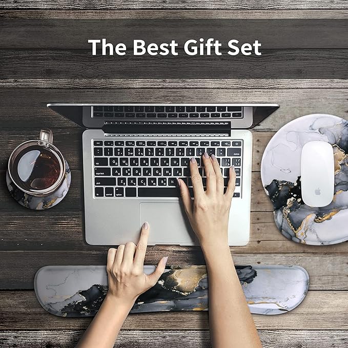 iCasso Desk Mat, Gaming Mouse Pad Wrist Support Set,4in1 XXL Large Mousepad + Keyboard Wrist Rest+Mouse Wrist Rest+Coaster Set with Ergonomic Design for Home Office Table Computer-Grey Ink Marble