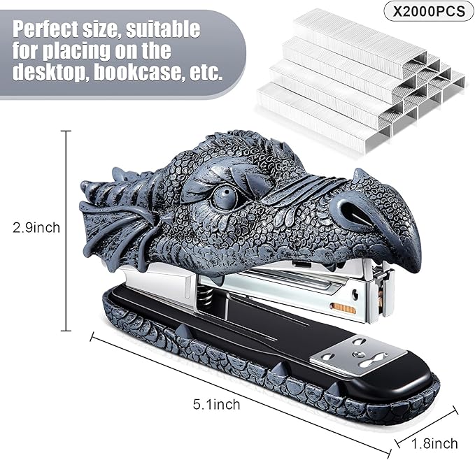 Pajean Dragon Stapler with 2000 Staples, Dragon Head Stapler Novelty Stapler Funny Carving Resin Faucet Stapler for Office Desk Stationery Desktop Accessory Home Decor(Grey)