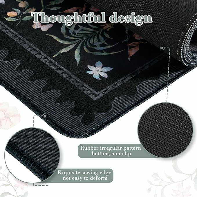 iCasso Large Desk Mat Black,Big Mouse Pad with Stitched Edges,Aesthetic Computer Pad for Desktop,Anti-Slip Keyboard Mat for Women,Floral Desk Cover Protector Work from Office Home Dorm