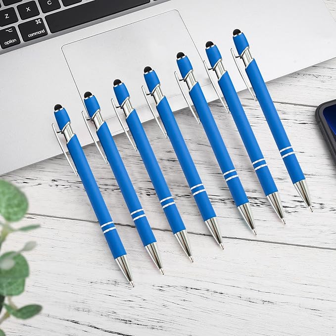 PASISIBICK 12 Pieces Blue Ballpoint Pen with Stylus Tip, 2 in 1 Stylus Stylish Pen, Blue Metal Stylus Pen for Touch Screens, Black Ink, 1.0 mm Medium Point(12 PCS Light Blue)