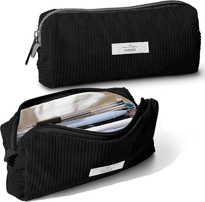 Pencil Bag Pen Case, Soft Corduroy Small Pencil Pouch Organizer with Zipper, Cute Pencil Case Pouch Stationery for Girls and Boys – Black