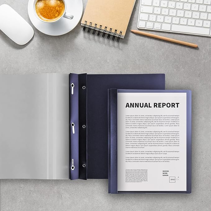 Binditek 10 Pack Heavy-Duty Clear Front Report Covers with 3 Prongs, 100-Sheet Capacity, Plastic Report Folder with Navy Back Covers, 3 Metal Prongs Fasteners, for Letter Size, Office Supplies