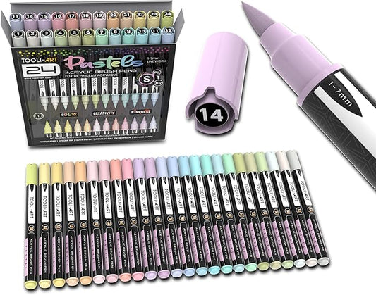 24 Flexible Brush Tip Acrylic Paint Pens Markers Set 1-7mm Line for Rock Painting, Brush Lettering, Glass, Mugs, Wood, Metal, Canvas, Fabric, Plastic Non Toxic Waterbased Quick Drying Assorted Pastel