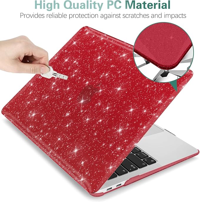 KEROM Red Glitter Case for MacBook Air 13 inch 2022-2018 M1 A2337 A2179 A1932, Glitter MacBook Air M1 Case - Shiny Bling Sparkle Plastic Hard Shell & Keyboard Cover for Mac Air 13.3 inch, Wine Red