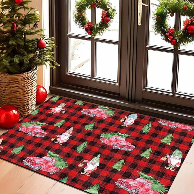 Christmas Front Door Mat Entryway Rug Buffalo Plaid Welcome Matt Front Porch Rugs Santa Claus Truck Doormat Outdoor Entrance Outdoor Rug Floor Mats, 18" x 30"Inch