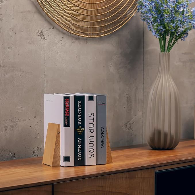 TILISMA Book Ends for Shelves - Handmade Wooden Bookends with Metal Base, Chestnut Tree - Sturdy Book Holders for Bookshelves - Fancy Modern Decorative Bookends, Heavy Duty – Home Décor Accessories