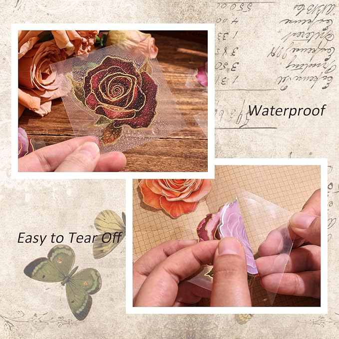 100 PCS Large Size Flowers Rose Sticker for Journaling Supplies, Dried Flowers Themed Resin Watercolor Floral Sticker for Scrapbooking, Aesthetic Room Decor Junk Journal Bullet Journals Collage